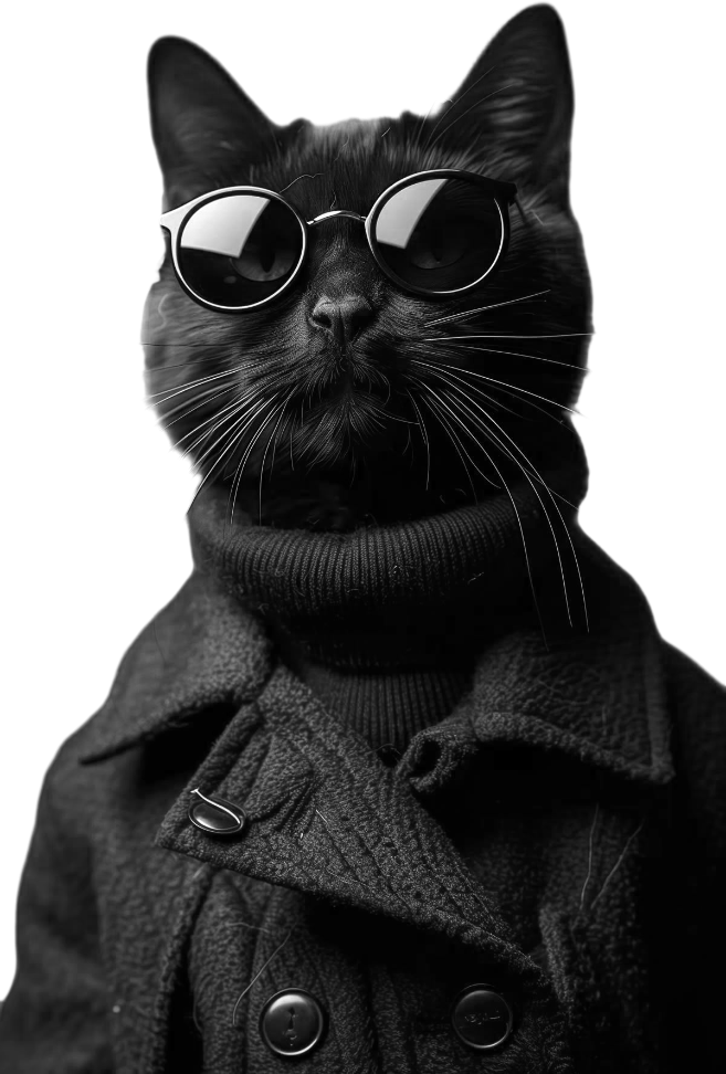 black cat with sunglasses and trenchcoat